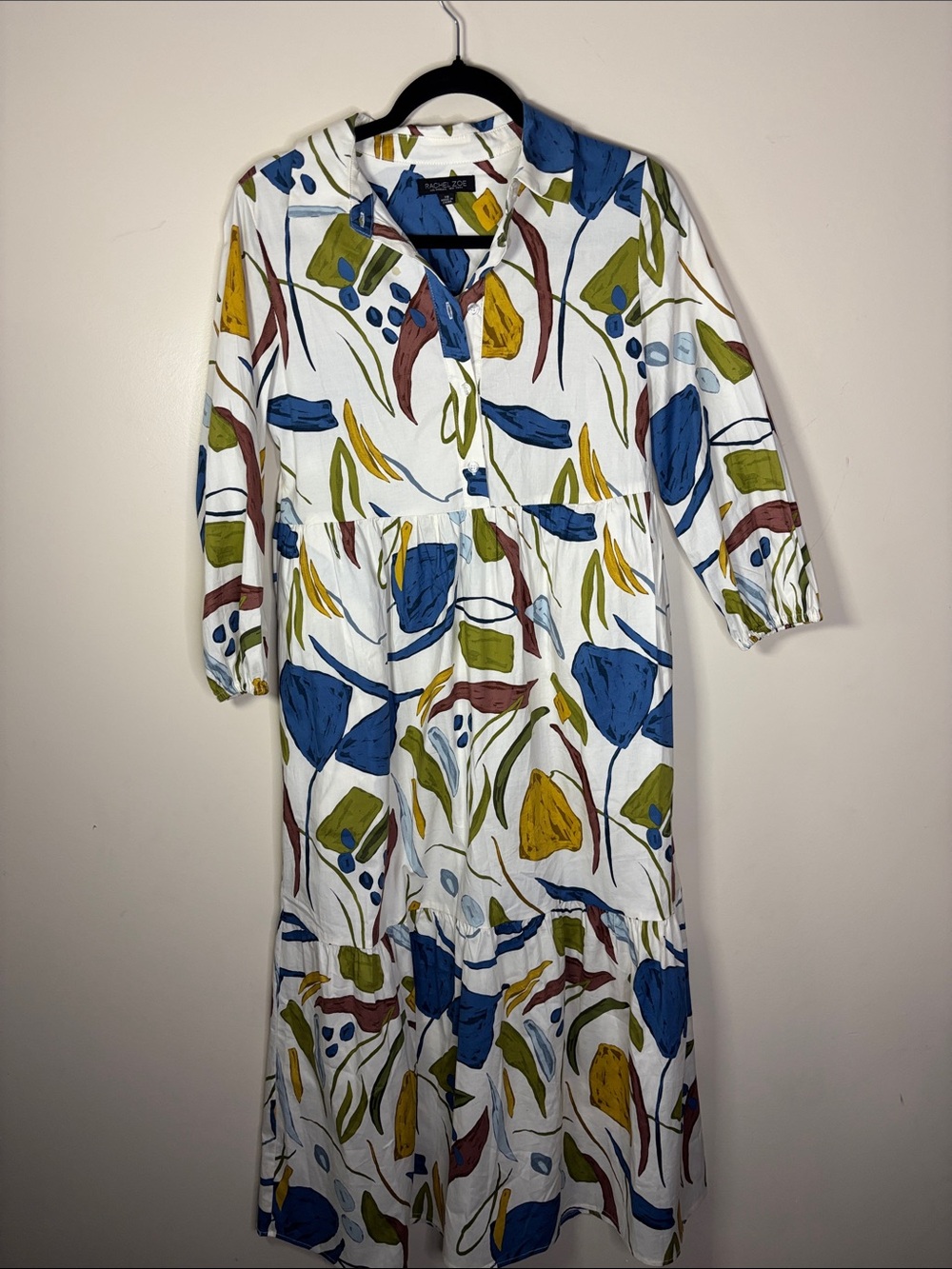 Rachel Zoe White Midi Dress with Blue, Green & Mustard Abstract Print